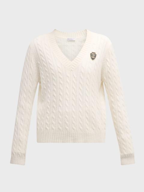 Cashmere Cable-Knit Sweater with Crest Embroidery