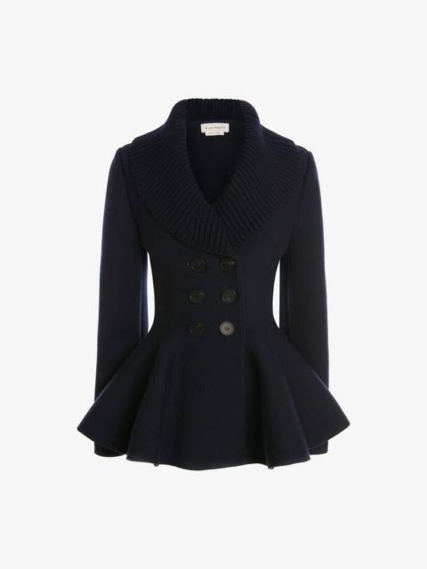 Alexander McQueen Double-breasted Peplum Knit Jacket in Navy