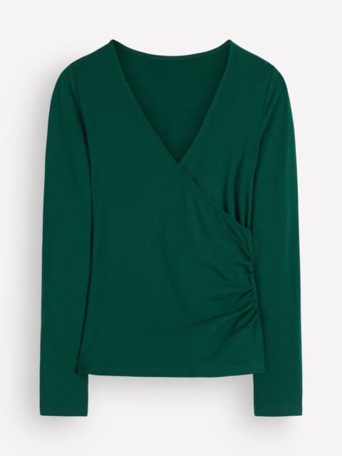 BODEN Ruched Long Sleeve Wrap Top-Emerald Night
