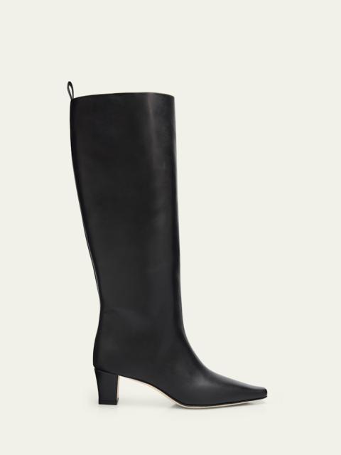 Manolo Blahnik 50mm Leather Knee-High Low-Heel Boots