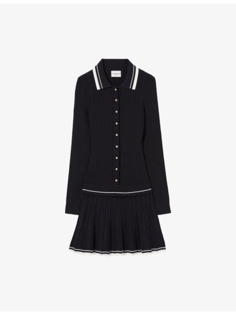 Claudie Pierlot Striped-Trim Pleated Stretch-Knit Mini Dress