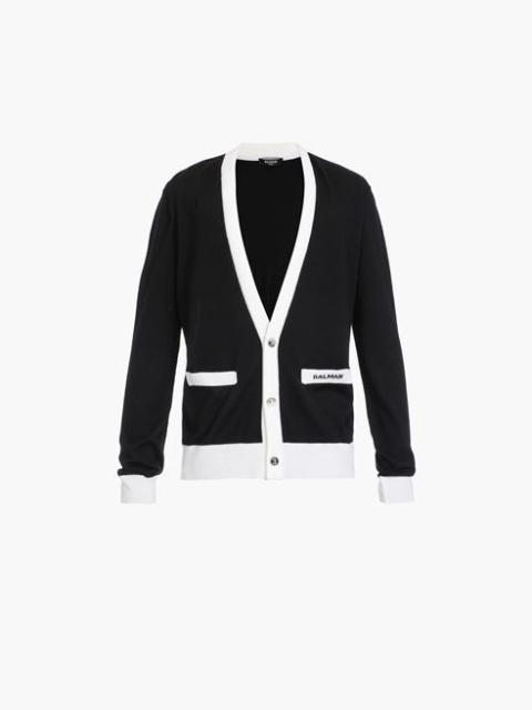 Balmain Black and white wool cardigan with small embroidered black Balmain logo