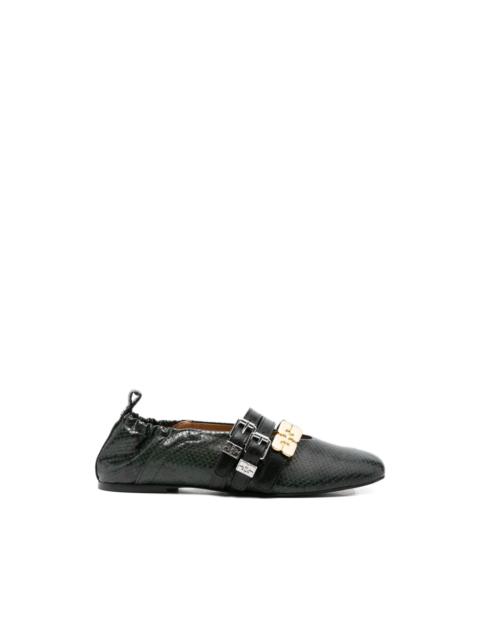 GANNI buckled snake-effect flat pumps