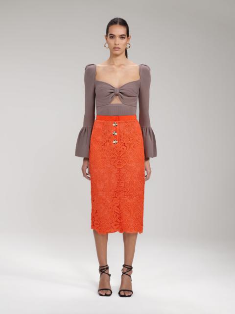 Orange Floral Guipure Midi Skirt