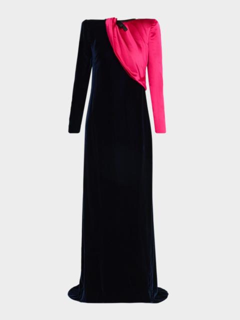 Valentino Velvet And Satin Strong-Shoulder Gown