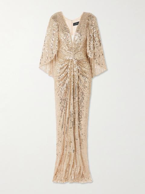 JENNY PACKHAM Carrie Cape-effect Draped Sequined Chiffon Gown