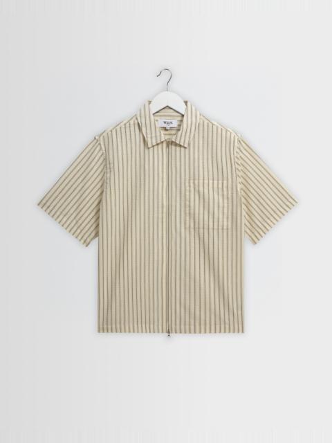 Wax London Sears - Natural And Navy Stripe Seersucker Zip Short-Sleeve Shirt