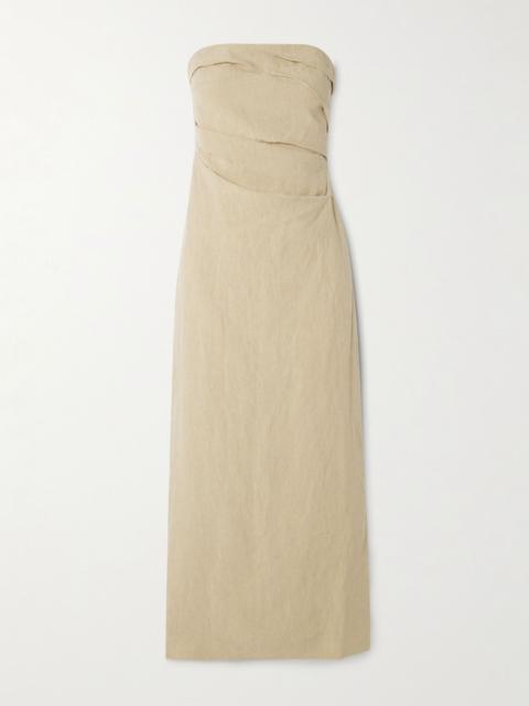 TOVE Sabella strapless gathered linen midi dress Stone