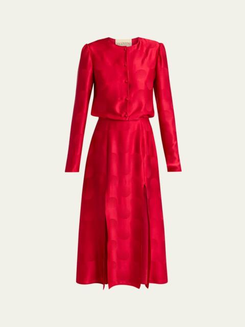 Valentino Polka-Dot Satin Long-Sleeve Slits Midi Dress