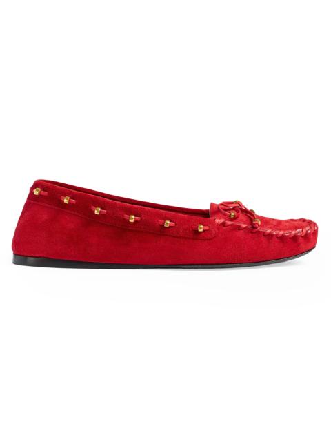 KHAITE Women's Milly Bow-Detail Embellished Suede Moccasins - Lipstick