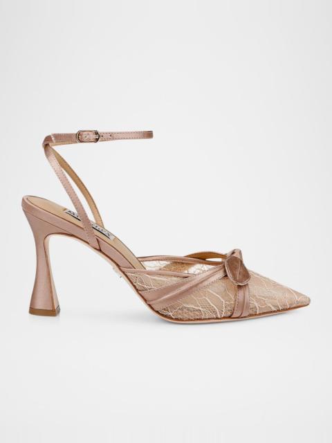 BADGLEY MISCHKA Josie Silk Lace Bow Ankle-Strap Pumps