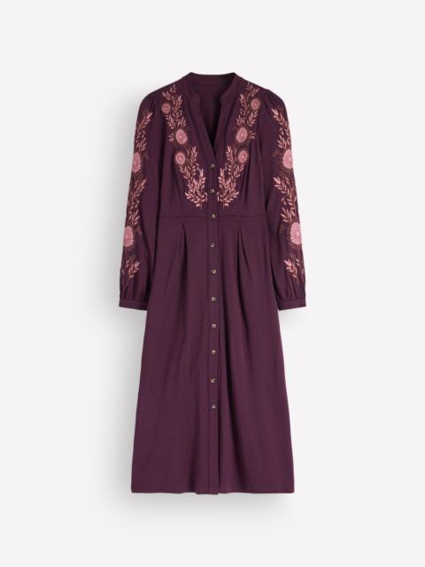 BODEN Juliet Jersey Midi Dress-Dark Cherry Embroidery