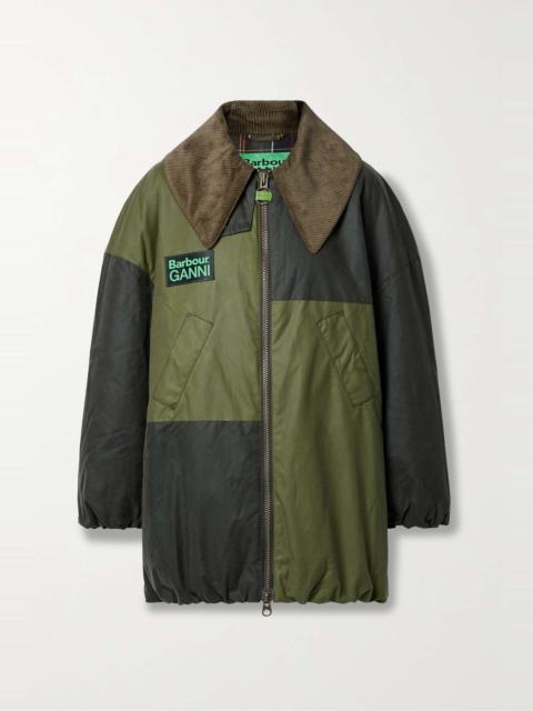 Barbour + GANNI corduroy-trimmed padded color-block organic waxed-cotton jacket