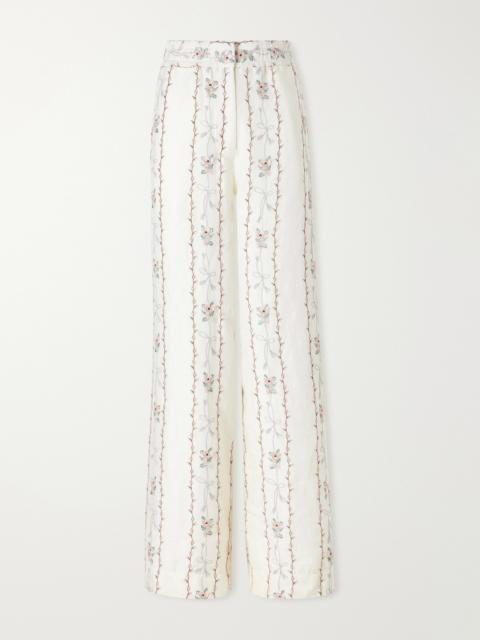 Agua by Agua Bendita Tota Navegante Floral-embroidered Linen Wide-leg Pants
