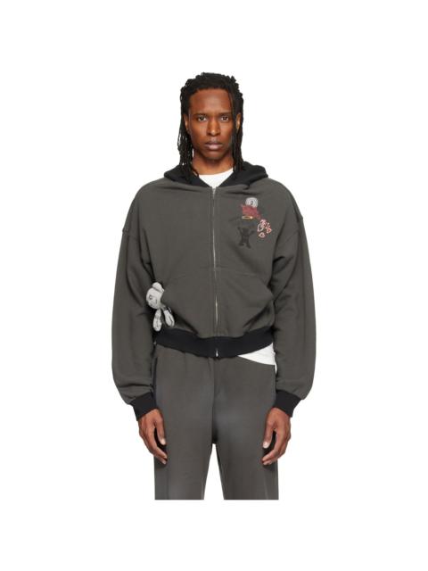 We11done Gray Washed Doodle Teddy Zip-Up Hoodie
