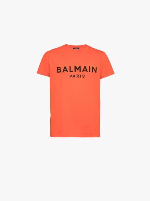 Bright orange cotton T-shirt with black Balmain Paris logo print