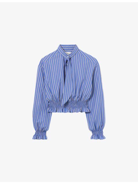 Claudie Pierlot Striped Tie-Neck Cotton-Poplin Shirt