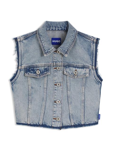 HUGO CROPPED SLEEVELESS BLOUSE IN AZURE-BLUE DENIM