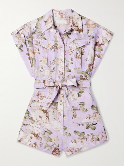 Zimmermann Acacia Belted Floral-print Linen Playsuit