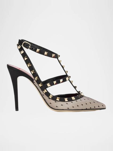 Valentino 100mm Rockstud Polka-Dot Mesh Ankle-Strap Pumps