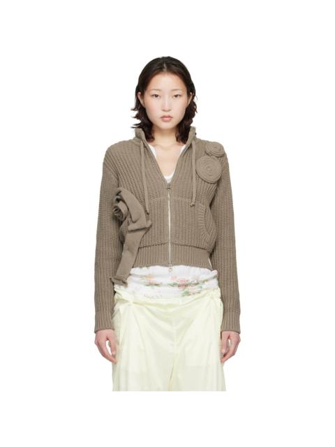 OPEN YY Taupe Applique Knit Zipup Sweater