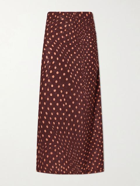 Stella McCartney Gathered polka-dot mesh midi skirt Burgundy