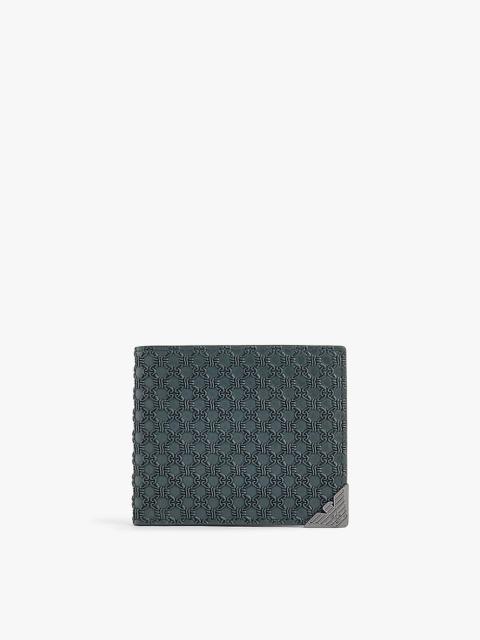 Embossed-pattern brand-plaque leather wallet