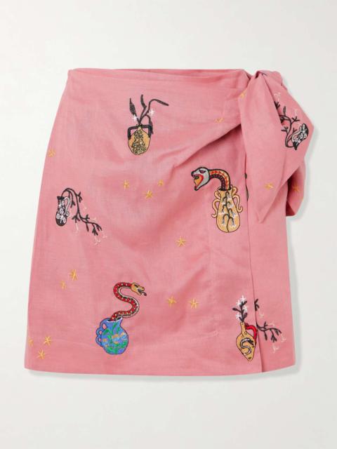 ALÉMAIS + Nadia Hernandez Timmy wrap-effect embroidered linen mini skirt Pink