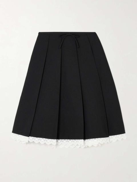 Lace-trimmed pleated wool and silk-blend midi skirt