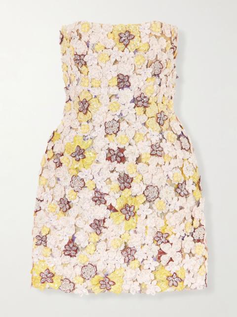 COSTARELLOS Sierra appliquéd embroidered tulle mini dress Pink