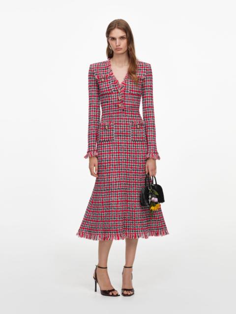 self-portrait Red Check Frayed Knit Midi Dress