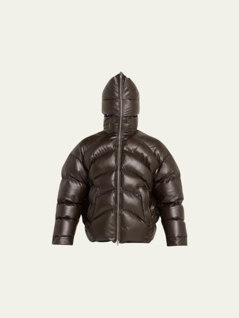 Men's Hooded Faux-Leather Puffer Jacket
