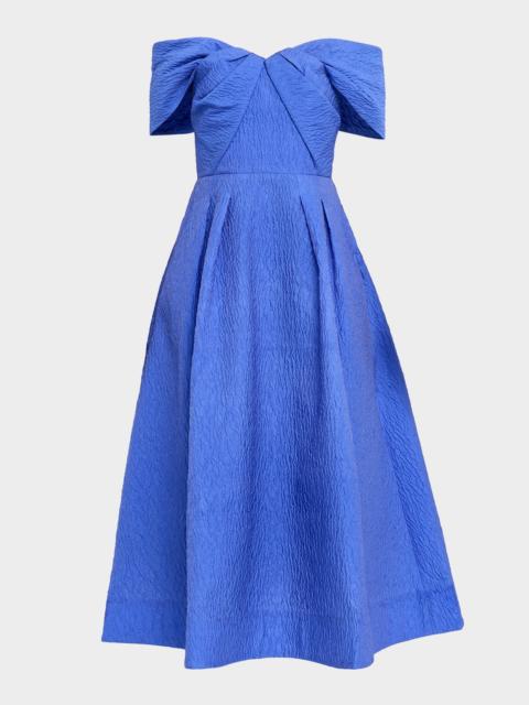 REBECCA VALLANCE Viola Pleated Off-Shoulder Midi Dress