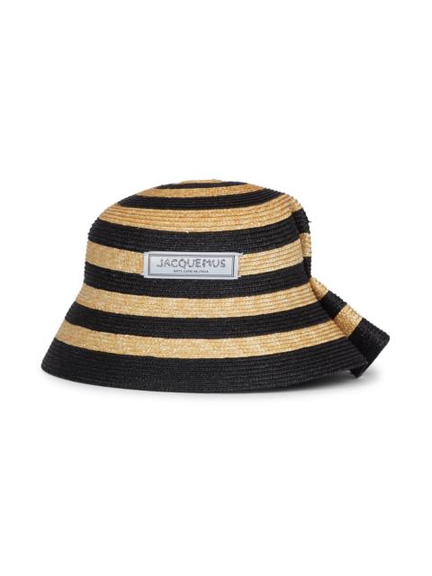 JACQUEMUS Men's Vela Striped Raffia Bucket Hat - Ivory Black