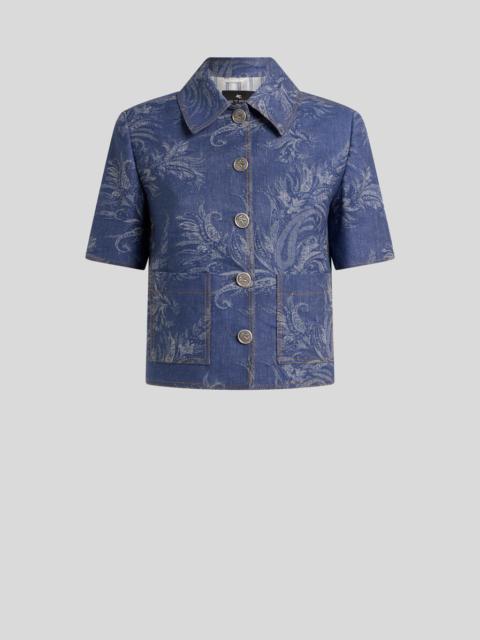 Etro COTTON AND LINEN JACQUARD DENIM SHIRT WITH SHORT SLEEVES AND LEAFY PAISLEY MOTIF