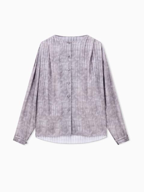 GIORGIO ARMANI BLOUSE COLLARLESS PRINTED SILK SHOULDER PLEATS WIDE STRIPES