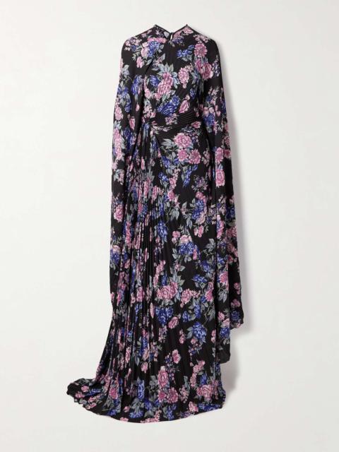 BALENCIAGA Cape-effect floral-print plissé-crepe gown