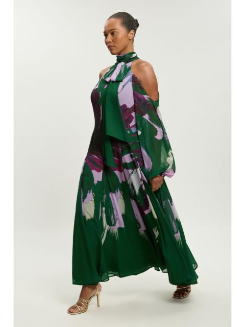 KAREN MILLEN Plus Size Photographic Floral Crinkle Georgette High Neck Cold Shoulder Woven Maxi Dress