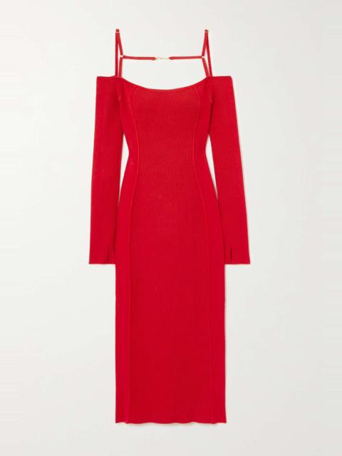 JACQUEMUS Sierra off-the-shoulder embellished ribbed-knit midi