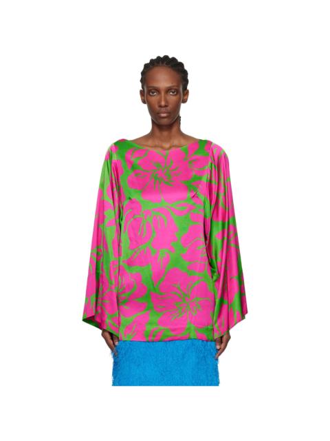 Dries Van Noten Pink & Green Satin Floral Print Blouse