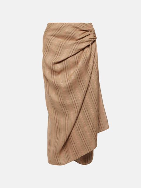 Leather-trimmed draped linen midi skirt