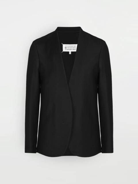 Collarless wool poplin jacket