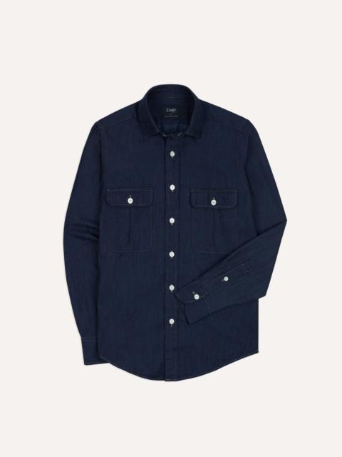 Drake's Navy Cotton Linen Two-Pocket Work Shirt