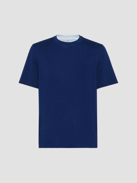 Brunello Cucinelli Men's Cotton Jersey Crew Neck T-Shirt with Faux Layering - Blue