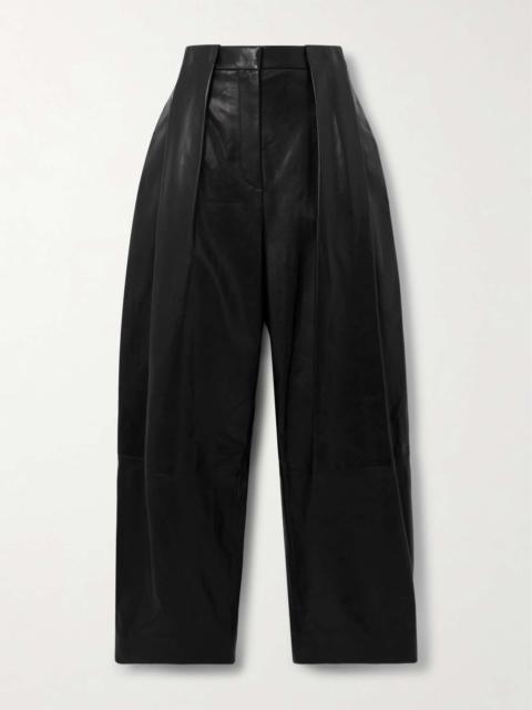 Cropped pleated leather wide-leg pants