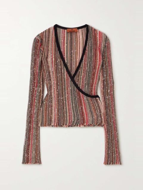 Sequin-embellished striped crochet-knit wrap top
