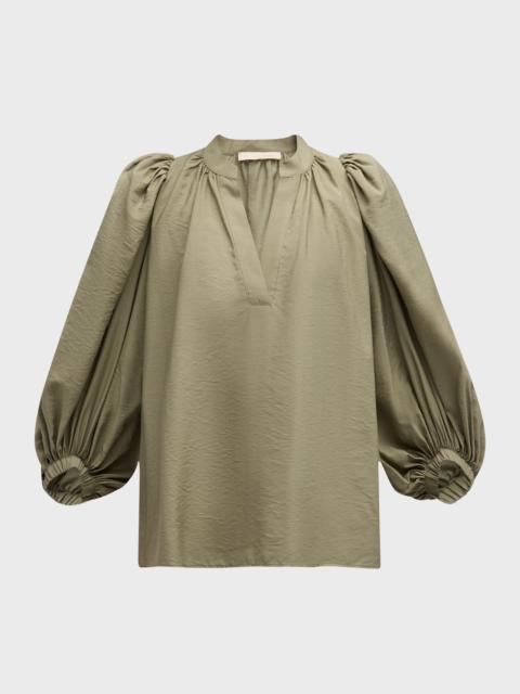 Bell Ruched Blouson-Sleeve Blouse