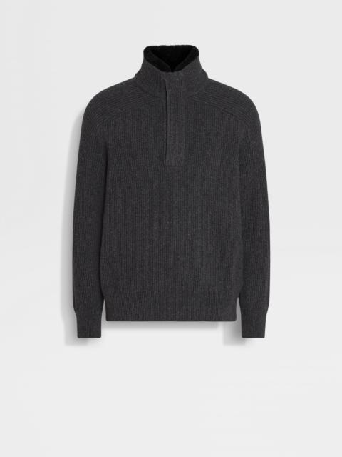 ZEGNA DARK GREY MÉLANGE OASI CASHMERE ZIP MOCK NECK SWEATER
