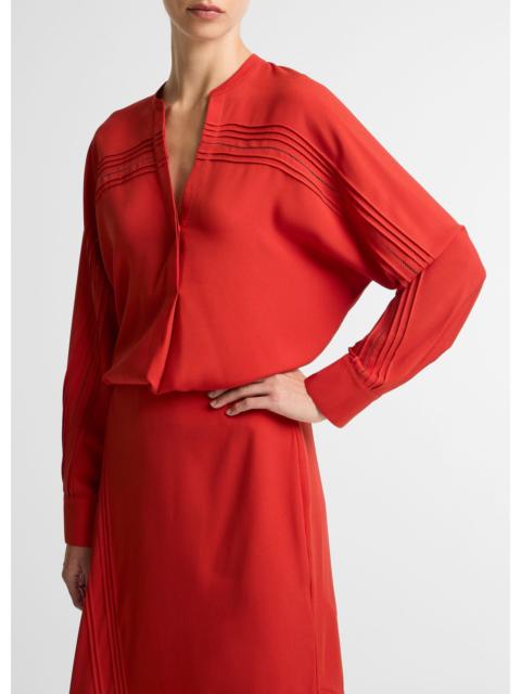 Vince Pintuck Satin Half-Placket Blouse