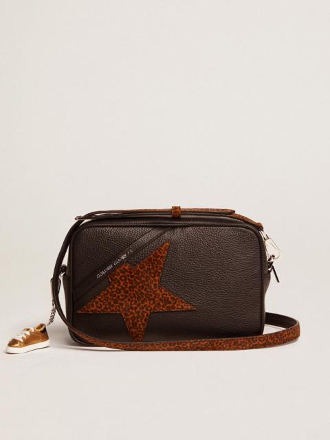 Golden Goose Star Bag in dark brown leather with leopard-print suede star